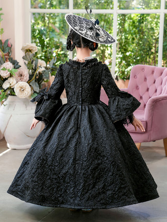 ビクトリア朝のロココ調の衣装、黒のレトロなフリルドレス、女の子の貴族ドレス