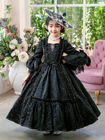 ビクトリア朝のロココ調の衣装、黒のレトロなフリルドレス、女の子の貴族ドレス