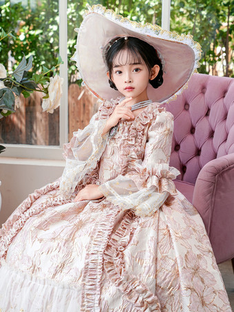 ピンクのレトロなビクトリア朝のロココ調のコスチューム、女の子のフリルドレス