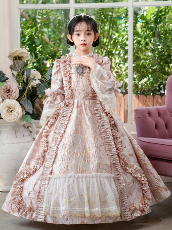 ピンクのレトロなビクトリア朝のロココ調のコスチューム、女の子のフリルドレス