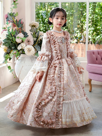 ピンクのレトロなビクトリア朝のロココ調のコスチューム、女の子のフリルドレス