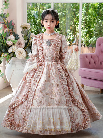 ピンクのレトロなビクトリア朝のロココ調のコスチューム、女の子のフリルドレス