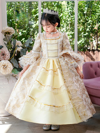ビクトリア朝のロココ調の衣装 黄色のレトロな女の子のフリルドレス