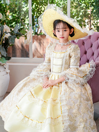 ビクトリア朝のロココ調の衣装 黄色のレトロな女の子のフリルドレス