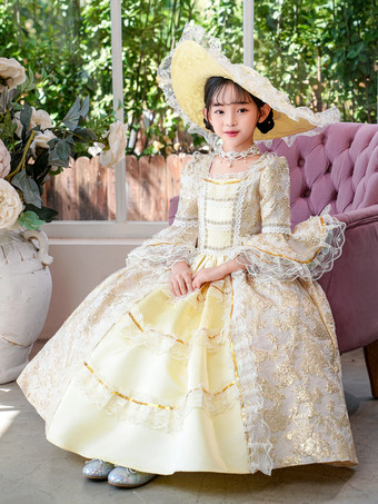 ビクトリア朝のロココ調の衣装 黄色のレトロな女の子のフリルドレス