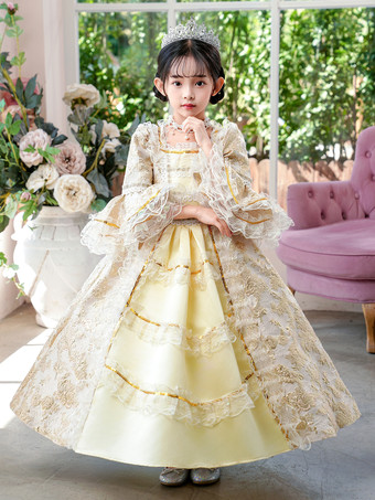 ビクトリア朝のロココ調の衣装 黄色のレトロな女の子のフリルドレス