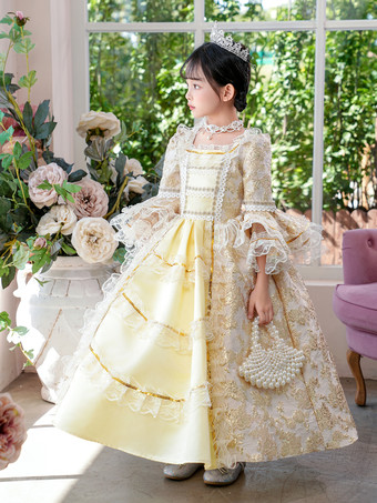 ビクトリア朝のロココ調の衣装 黄色のレトロな女の子のフリルドレス