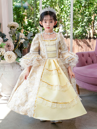 イエロービクトリア朝のロココ調の衣装 黄色のレトロな女の子のフリルドレス