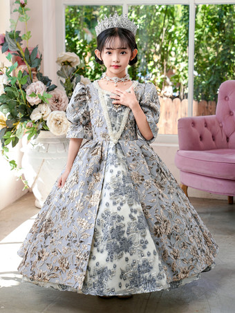 Silber   Viktorianischen Rokoko Kostüme Floral Print Kleid   Kleidung