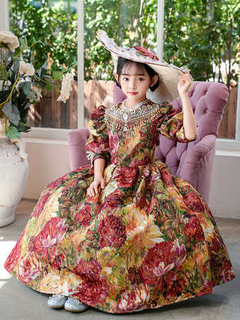 ビクトリア朝のロココ調の衣装、色とりどりの花柄プリントのドレス、女の子のレトロドレス