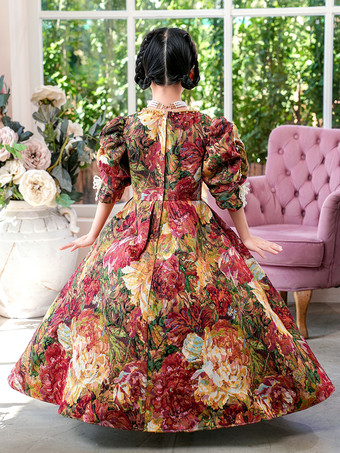 ビクトリア朝のロココ調の衣装、色とりどりの花柄プリントのドレス、女の子のレトロドレス