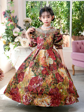 ビクトリア朝のロココ調の衣装、色とりどりの花柄プリントのドレス、女の子のレトロドレス