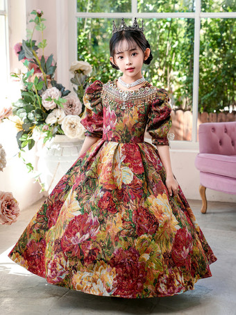 カラードビクトリア朝のロココ調の衣装、色とりどりの花柄プリントのドレス、女の子のレトロドレス