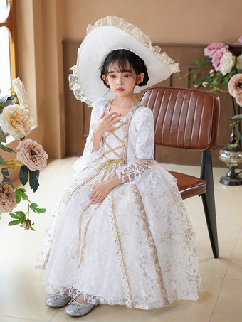 ビクトリア朝のロココ調のコスチューム、白いレトロコスチューム、女の子のボールガウン