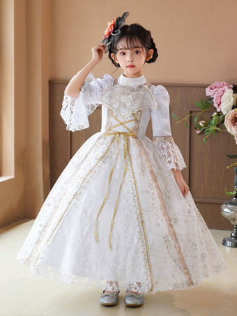 ビクトリア朝のロココ調のコスチューム、白いレトロコスチューム、女の子のボールガウン