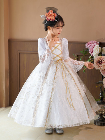 ビクトリア朝のロココ調のコスチューム、白いレトロコスチューム、女の子のボールガウン