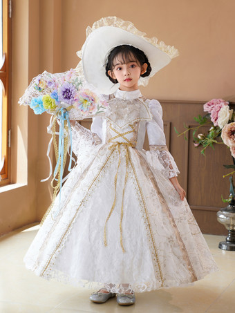 ホワイト ビクトリア朝のロココ調のコスチューム、白いレトロコスチューム、女の子のボールガウン