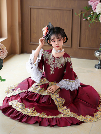 バーガンディ レトロ コスチューム フリル ドレス パーティー プロム ドレス ビクトリア朝 ロココ コスチューム