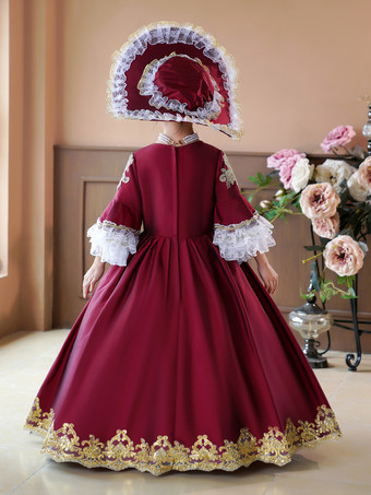 バーガンディ レトロ コスチューム フリル ドレス パーティー プロム ドレス ビクトリア朝 ロココ コスチューム