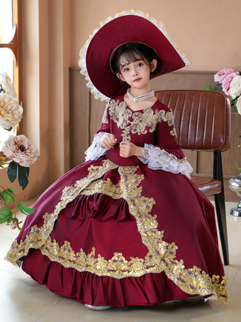 ワインレッド バーガンディ レトロ コスチューム フリル ドレス パーティー プロム ドレス ビクトリア朝 ロココ コスチューム