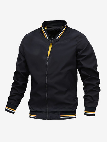 ブラック 男性用カジュアルジャケット 長袖 軽量 ジップアップ 春秋用 ボンバージャケット