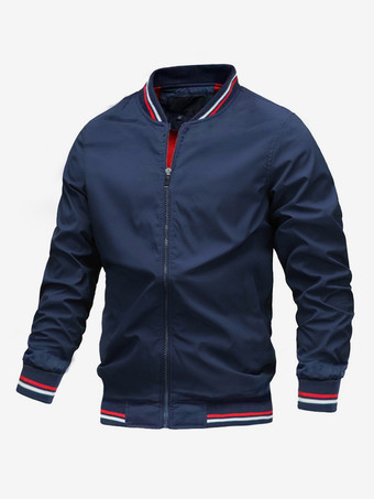 ディープブルー男性用カジュアルジャケット 長袖 軽量 ジップアップ 春秋用 ボンバージャケット