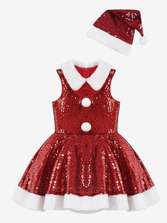女の子のクリスマスセット 赤い帽子のドレス ポリエステル クリスマス ホリデー コスチューム