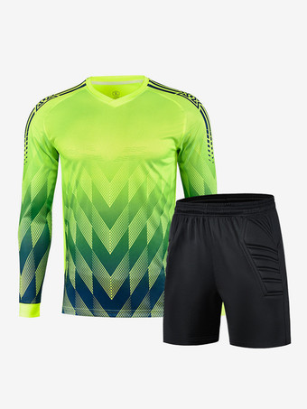 黄緑色メンズ サッカーゴールキーパー ツーピースセット 大人用 スポーツ 通気性 トレーニング 長袖トップとショーツ