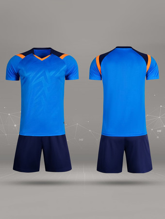 ブルー メンズ フットボール ジャージ 大人用 スポーツ 通気性 トレーニング 半袖 トップとショーツ