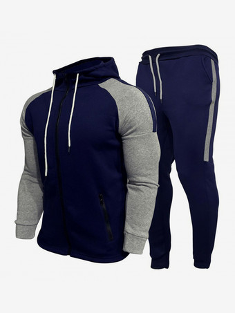 ダークネイビーメンズ パッチワーク カーディガン フード付き スウェットシャツ カジュアル スポーツスーツ