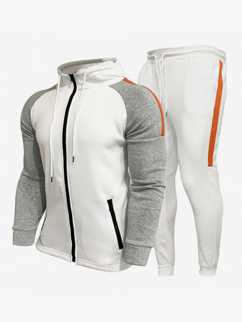 ホワイト メンズ パッチワーク カーディガン フード付き スウェットシャツ カジュアル スポーツスーツ