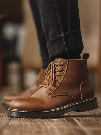 メンズ ワークブーツ PUレザー シック ブラウン アンクル ショートブーツ