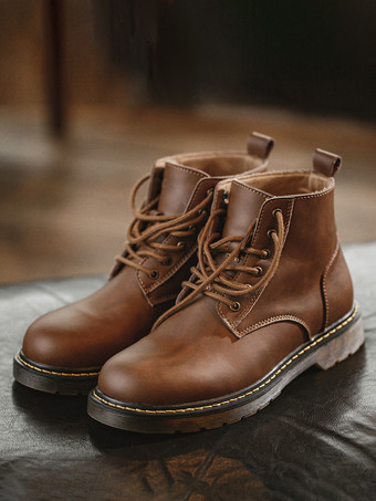 メンズ ワークブーツ PUレザー シック ブラウン アンクル ショートブーツ