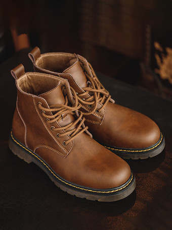 メンズ ワークブーツ PUレザー シック ブラウン アンクル ショートブーツ