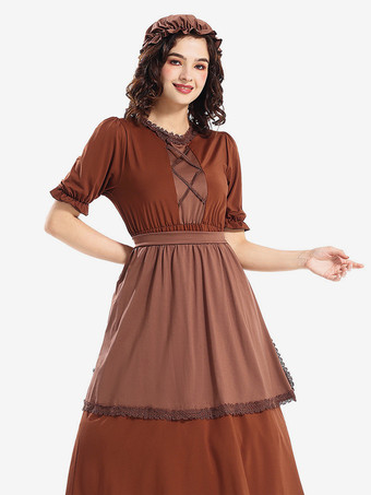 ダークブラウンの狼おばあちゃんがおばあちゃんメイドのレース衣装を演じる