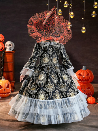 ビクトリア朝のロココ調のコスチューム 黒のレトロな女の子用花柄フリルコスチューム