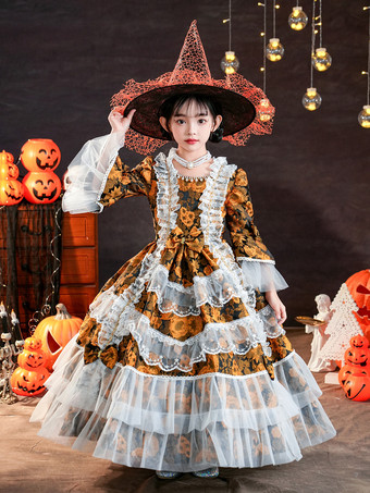 イエロービクトリア朝のロココ調のコスチューム 黒のレトロな女の子用花柄フリルコスチューム