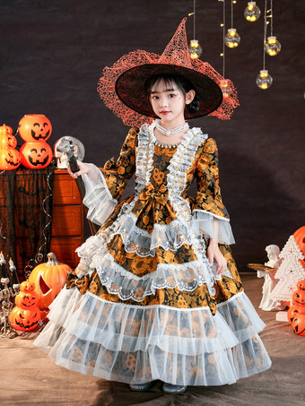 ビクトリア朝のロココ調のコスチューム 黒のレトロな女の子用花柄フリルコスチューム