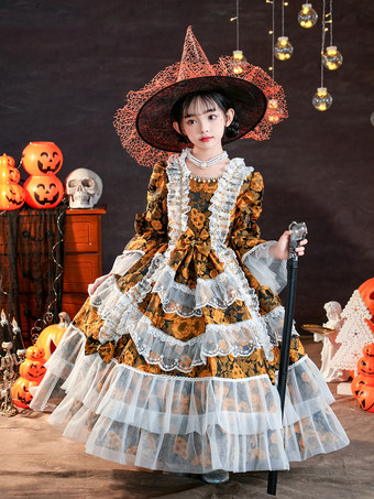 ビクトリア朝のロココ調のコスチューム 黒のレトロな女の子用花柄フリルコスチューム