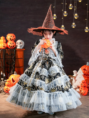 ブラック ビクトリア朝のロココ調のコスチューム 黒のレトロな女の子用花柄フリルコスチューム