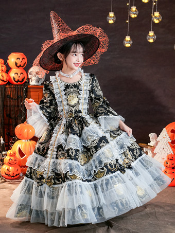 ビクトリア朝のロココ調のコスチューム 黒のレトロな女の子用花柄フリルコスチューム