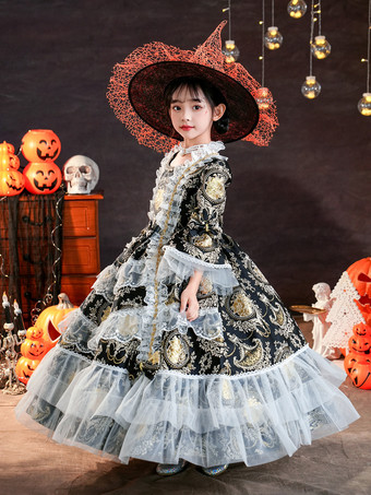 ビクトリア朝のロココ調のコスチューム 黒のレトロな女の子用花柄フリルコスチューム