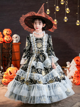 ビクトリア朝のロココ調のコスチューム 黒のレトロな女の子用花柄フリルコスチューム