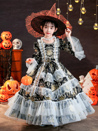 ビクトリア朝のロココ調のコスチューム 黒のレトロな女の子用花柄フリルコスチューム