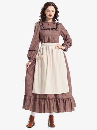 ブラウン ヴィンテージ フローラルプリント レトロドレス エプロン コスチューム