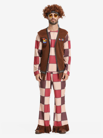 ディープブラウンヒッピーコスチューム メンズ ホリデー フリンジ 長袖 レトロ 衣類