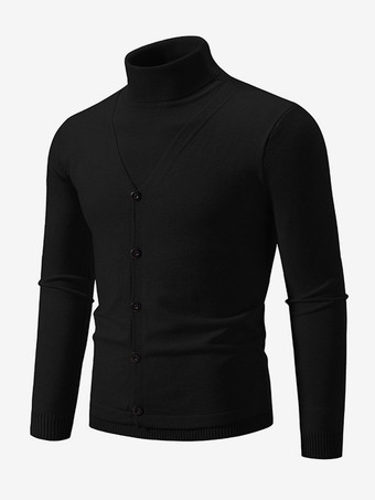 ブラック メンズ ニット セーター コート ハイカラー ボタン プラスサイズ プルオーバー