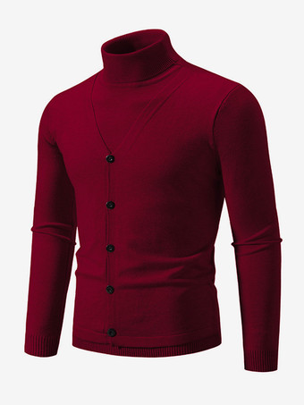 ワインレッド メンズ ニット セーター コート ハイカラー ボタン プラスサイズ プルオーバー