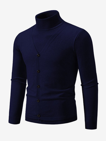 ダークネイビーメンズ ニット セーター コート ハイカラー ボタン プラスサイズ プルオーバー