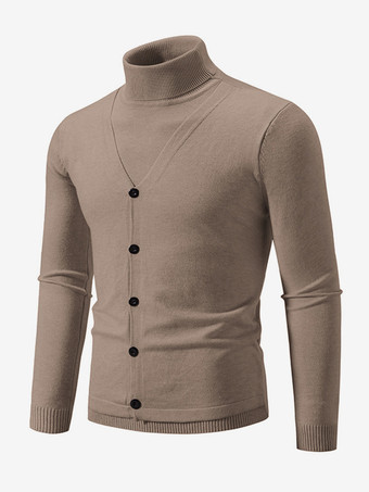 ライトブラウンメンズ ニット セーター コート ハイカラー ボタン プラスサイズ プルオーバー